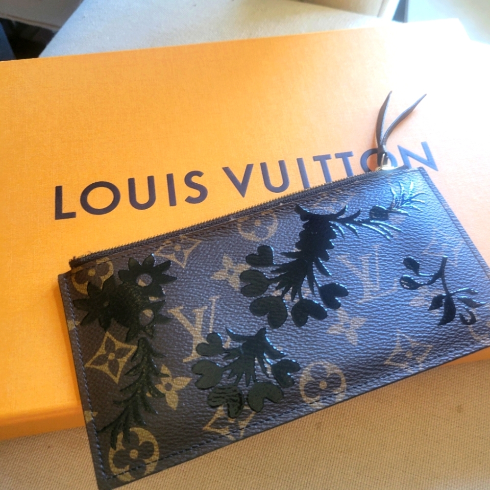 100% Authentic Louis Vuitton Monogram Pouch with Black Floral Accents